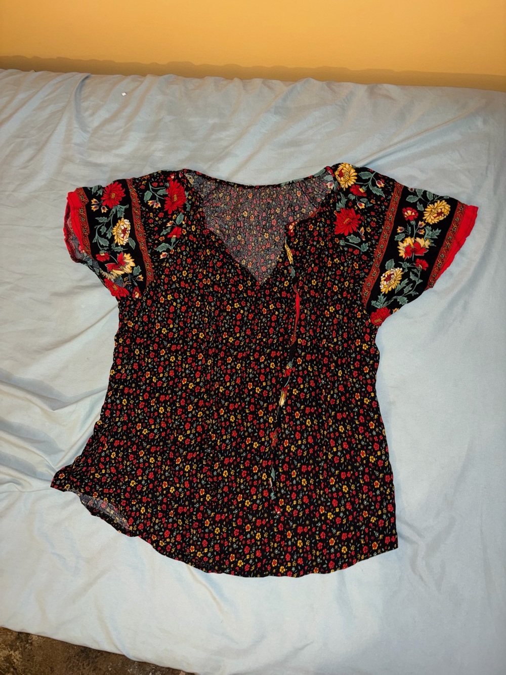 Black Floral V-Neck Short Sleeve Blouse with Red and Yellow Accents
